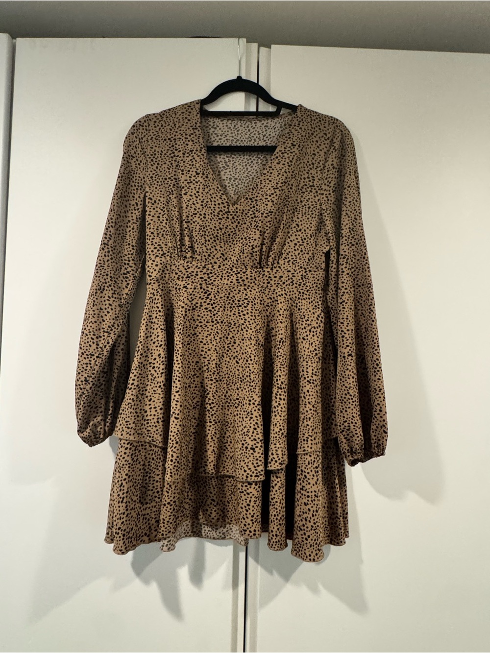 Brown Printed V-Neck Long Sleeve Tiered Dress